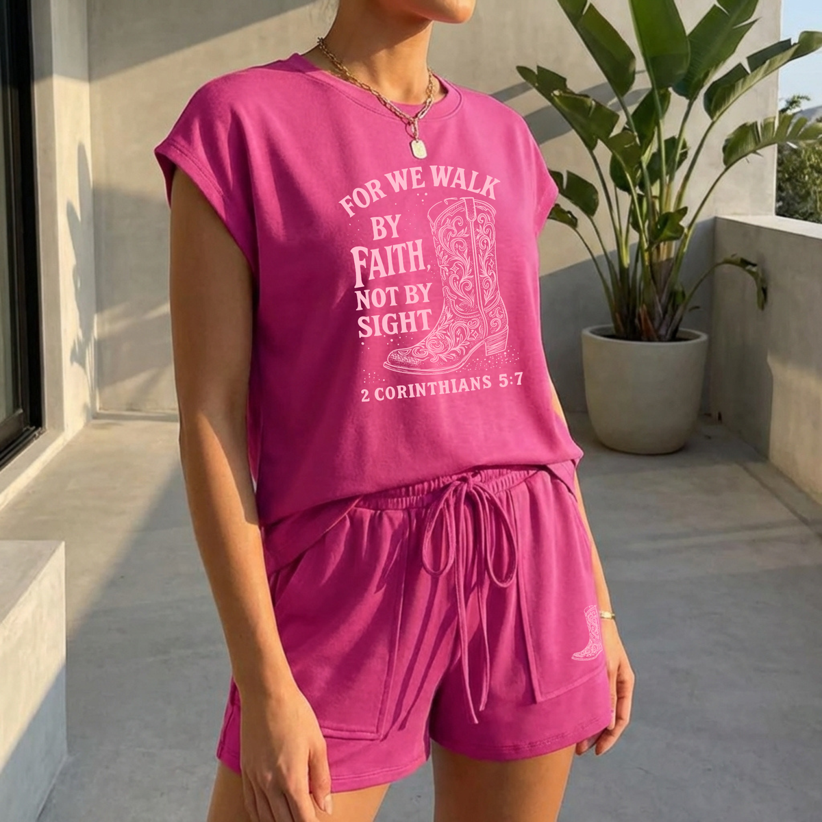 Winks Design Studio Christian loungewear set featuring "Walk By Faith" and 2 Corinthians 5:7 printed on comfortable lounge shorts and top