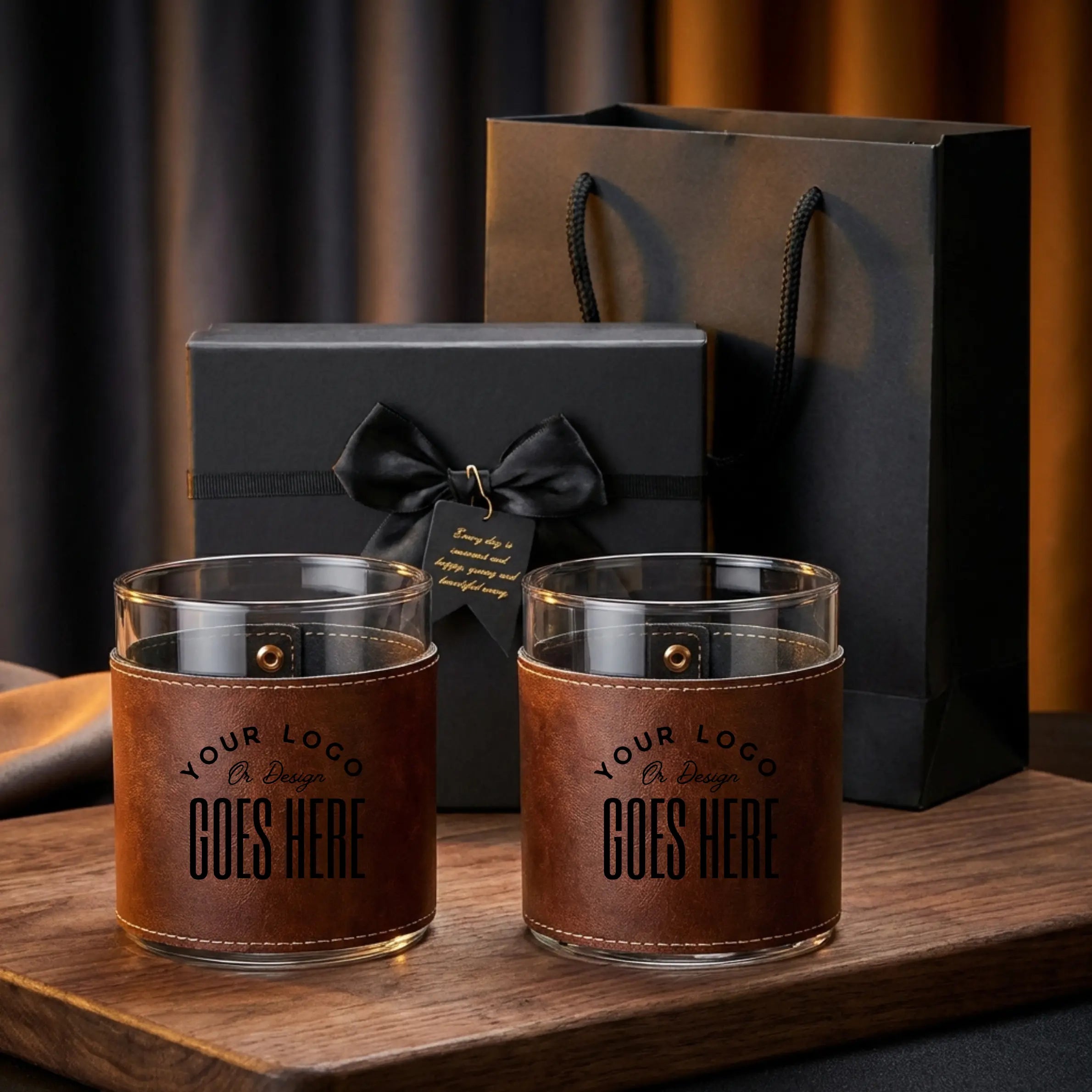 Custom leather-wrapped rock glass by Winks Design Studio, LLC, featuring a clear glass tumbler with textured leather accents.