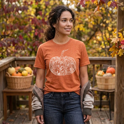Heather autumn orange floral pumpkin graphic tee with a white hand-drawn pumpkin filled with roses and leaves