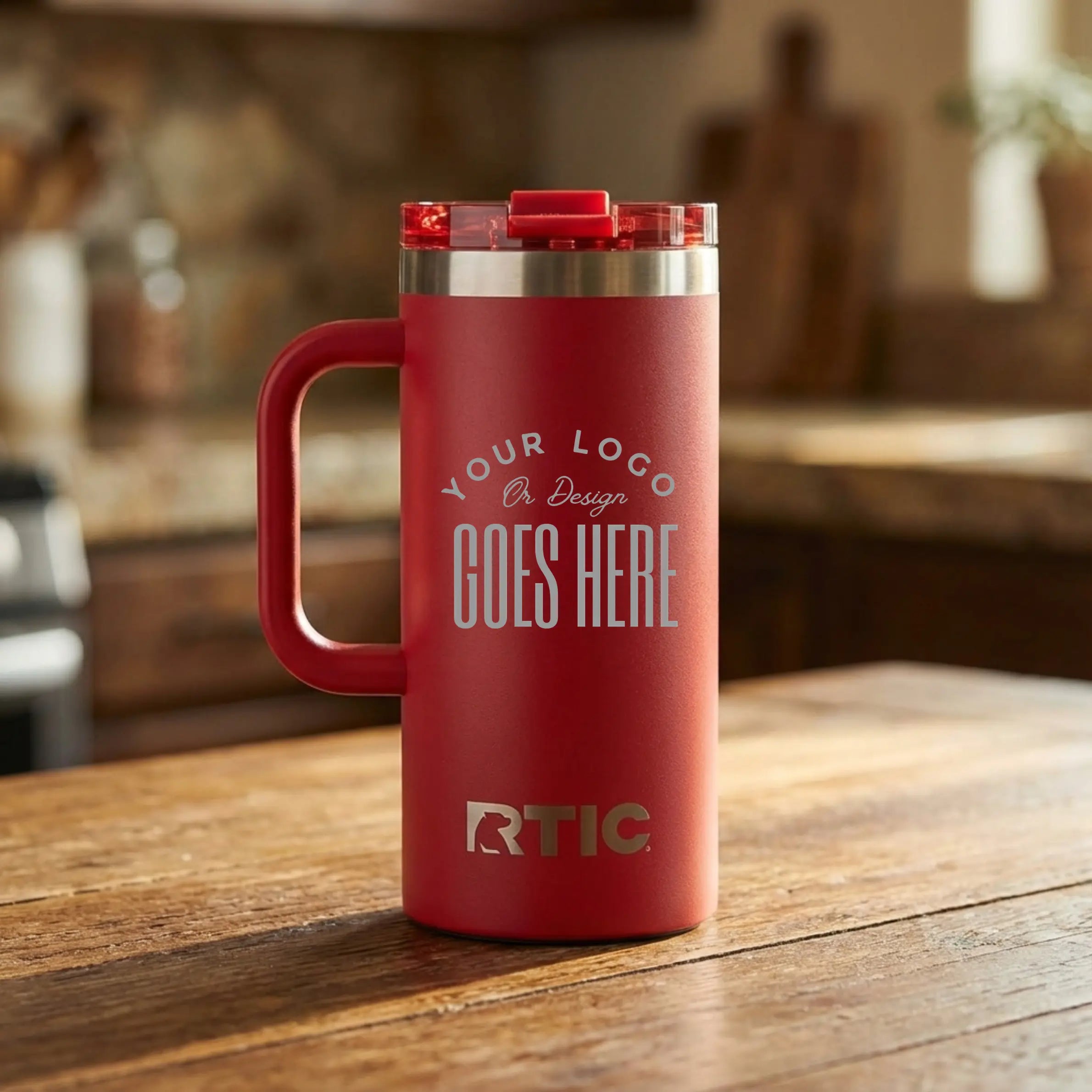 Custom engraved RTIC 16oz travel mug from Winks Design Studio, LLC, showing a stainless steel drinkware with personalized engraving.