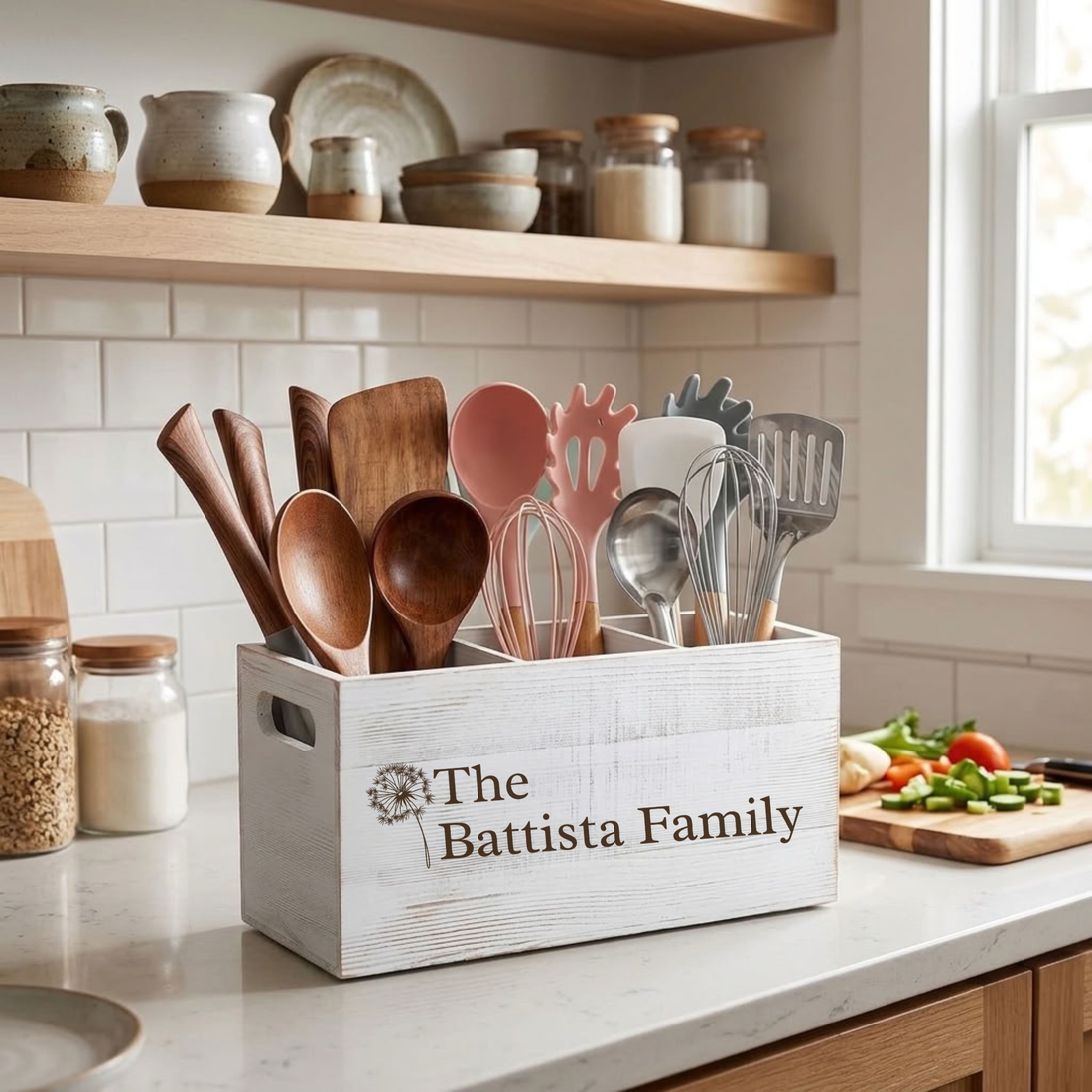 A white wooden kitchen utensil organizer box with cutout handles, filled with wooden and pastel-colored kitchen tools. The front of the box is printed with the text &
