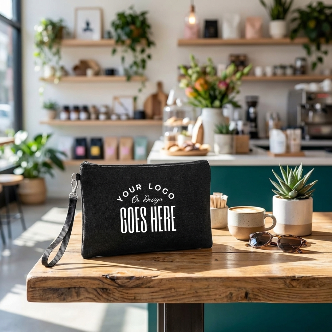 Custom cosmetic bag with wrist strap by Winks Design Studio, LLC, featuring a stylish fabric exterior and compact design.