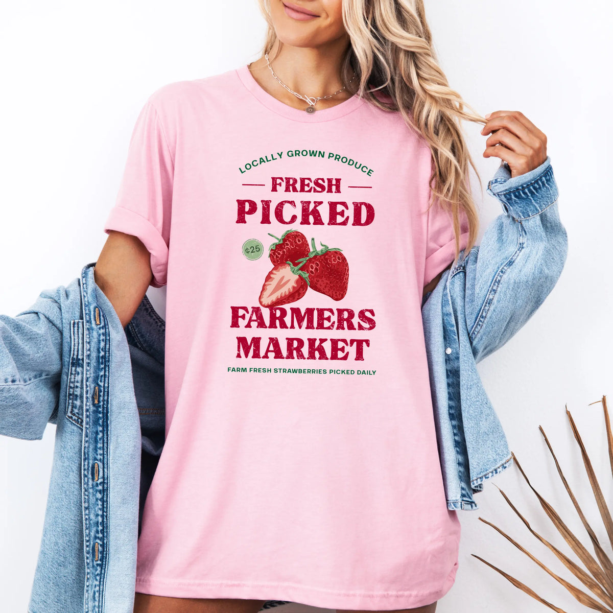 Winks Design Studio LLC farmers market fresh picked strawberry T-shirt featuring a colorful strawberry graphic and casual fit.