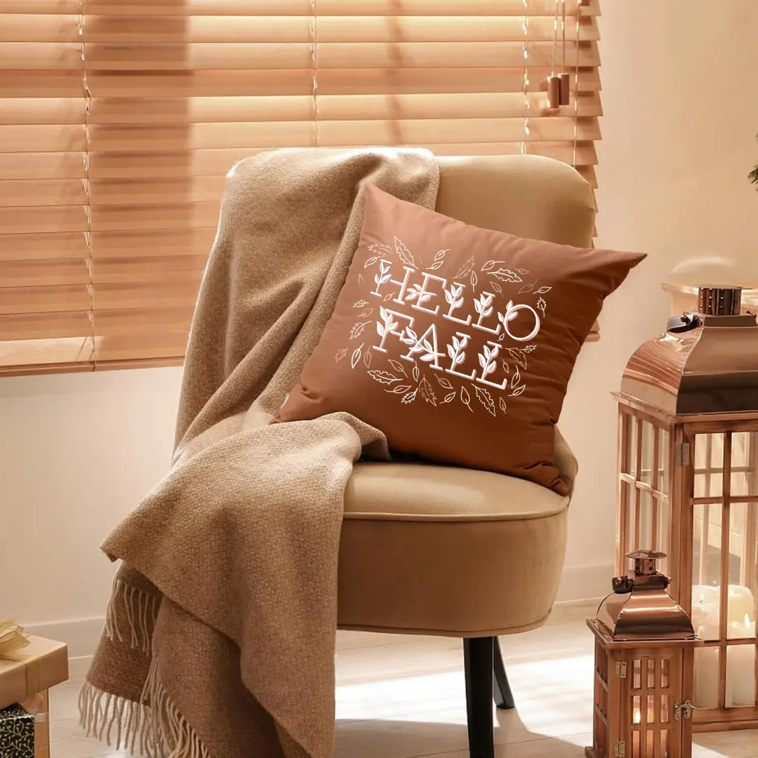 Hello Fall Pillow by Winks Design Studio, LLC featuring autumn-themed fabric and cozy design for seasonal home decor.