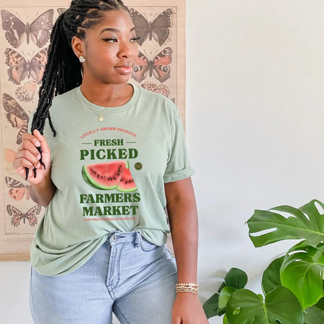 Pink watermelon T-shirt from Winks Design Studio, LLC featuring fresh picked watermelon design on a casual cotton tee.