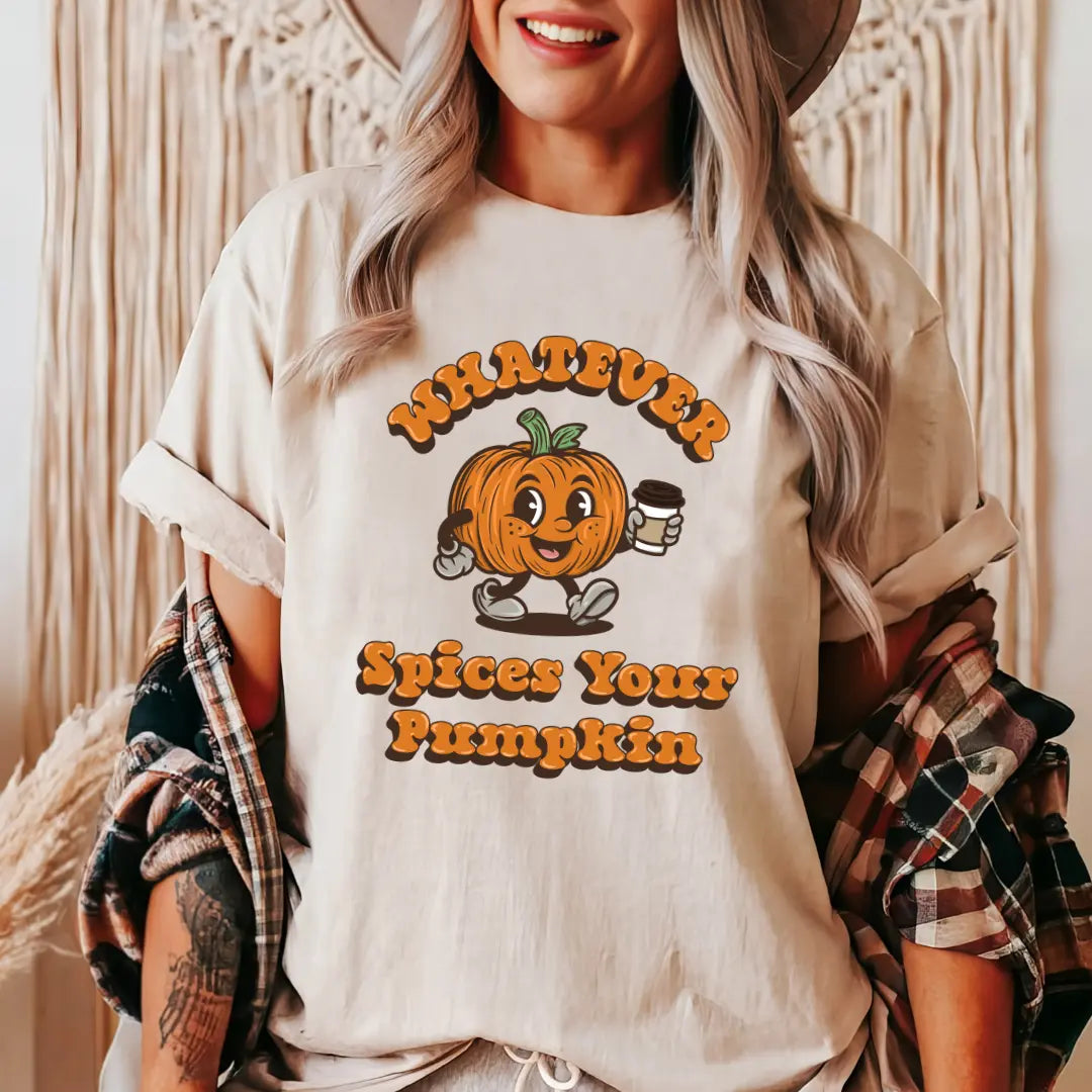 Winks Design Studio LLC pumpkin-themed T-shirt featuring colorful spice illustrations and playful text design.