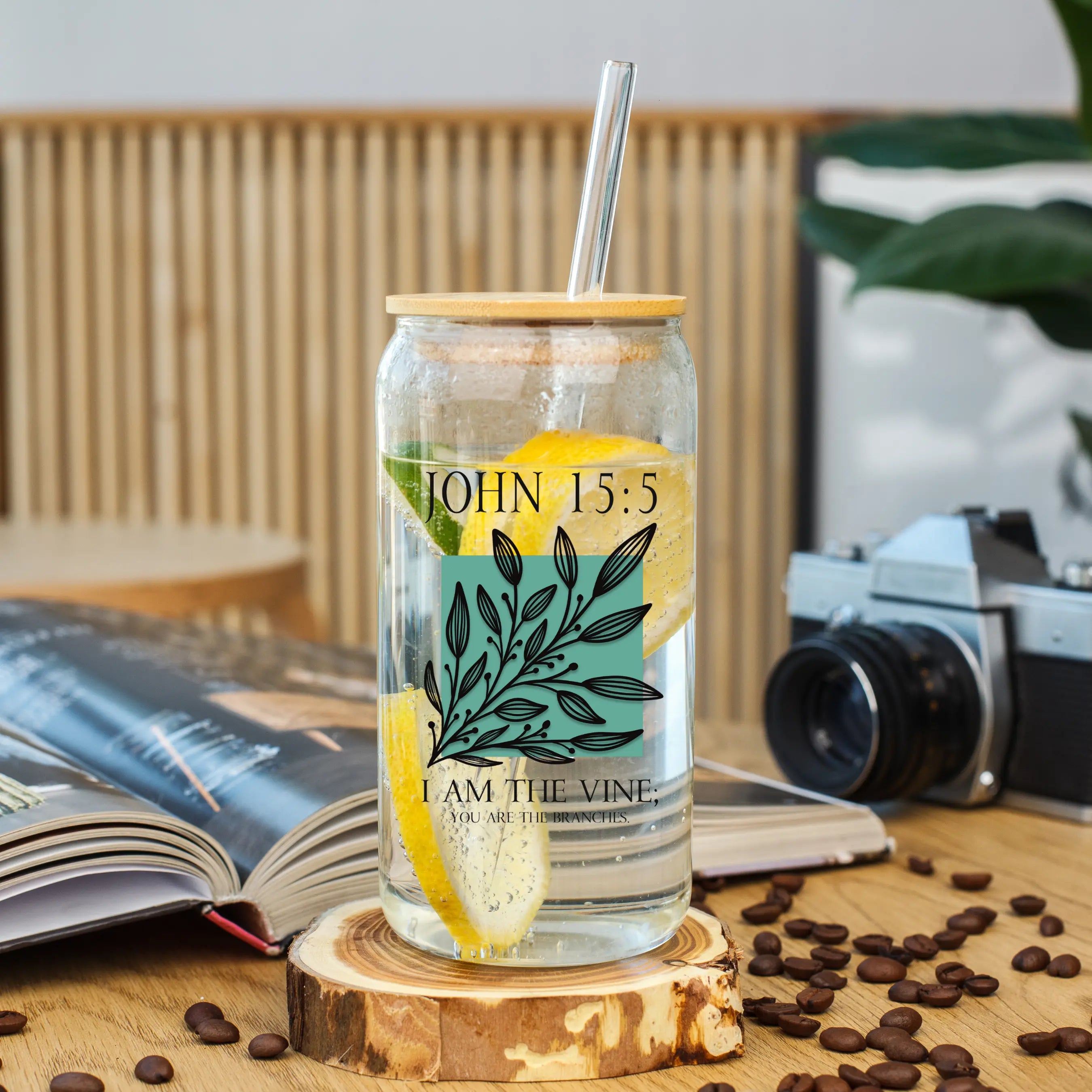 Clear glass 20oz beer can featuring John 15:5 verse, designed by Winks Design Studio, LLC, with detailed engraved lettering.