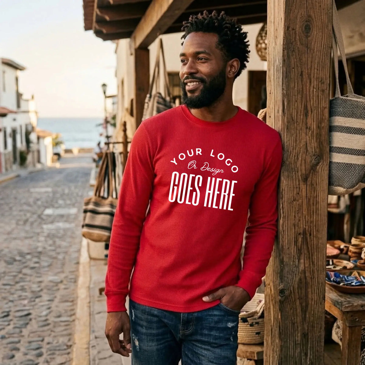 Red custom waffle knit thermal long sleeve shirt with a white "Your Logo or Design Goes Here" center chest placeholder