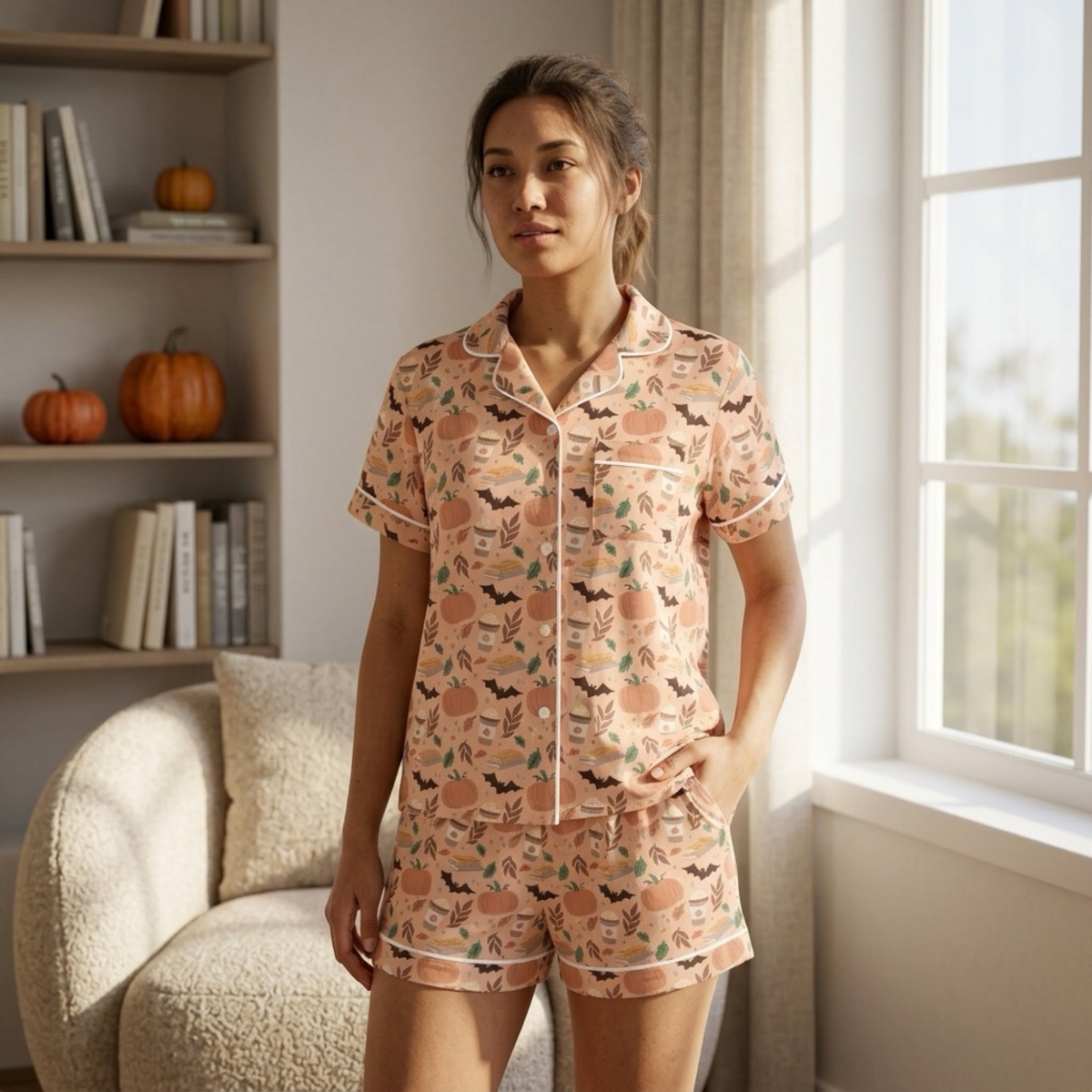 A woman stands in a sunlit room wearing a short-sleeve pajama set with a peach base and an allover print of pumpkins, bats, and small green leaves. The pajamas have white piping and a white collar.