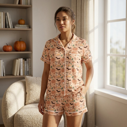 A woman stands in a sunlit room wearing a short-sleeve pajama set with a peach base and an allover print of pumpkins, bats, and small green leaves. The pajamas have white piping and a white collar.