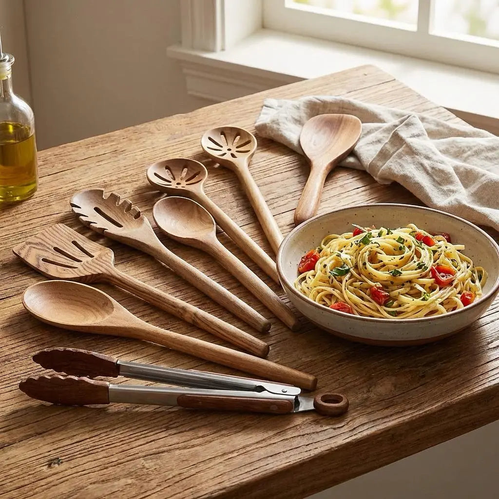 8-piece teak wooden kitchen utensil set with spoons and tools from Winks Design Studio, ideal for cooking and food prep.