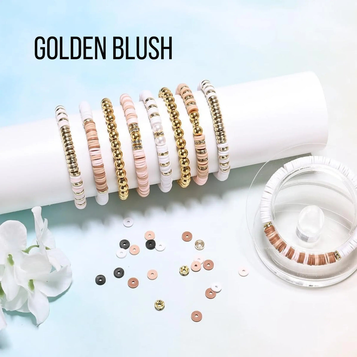 Workshop kit with colorful bracelet stacking supplies from Winks Design Studio, LLC, including beads, cords, and tools for jewelry making.