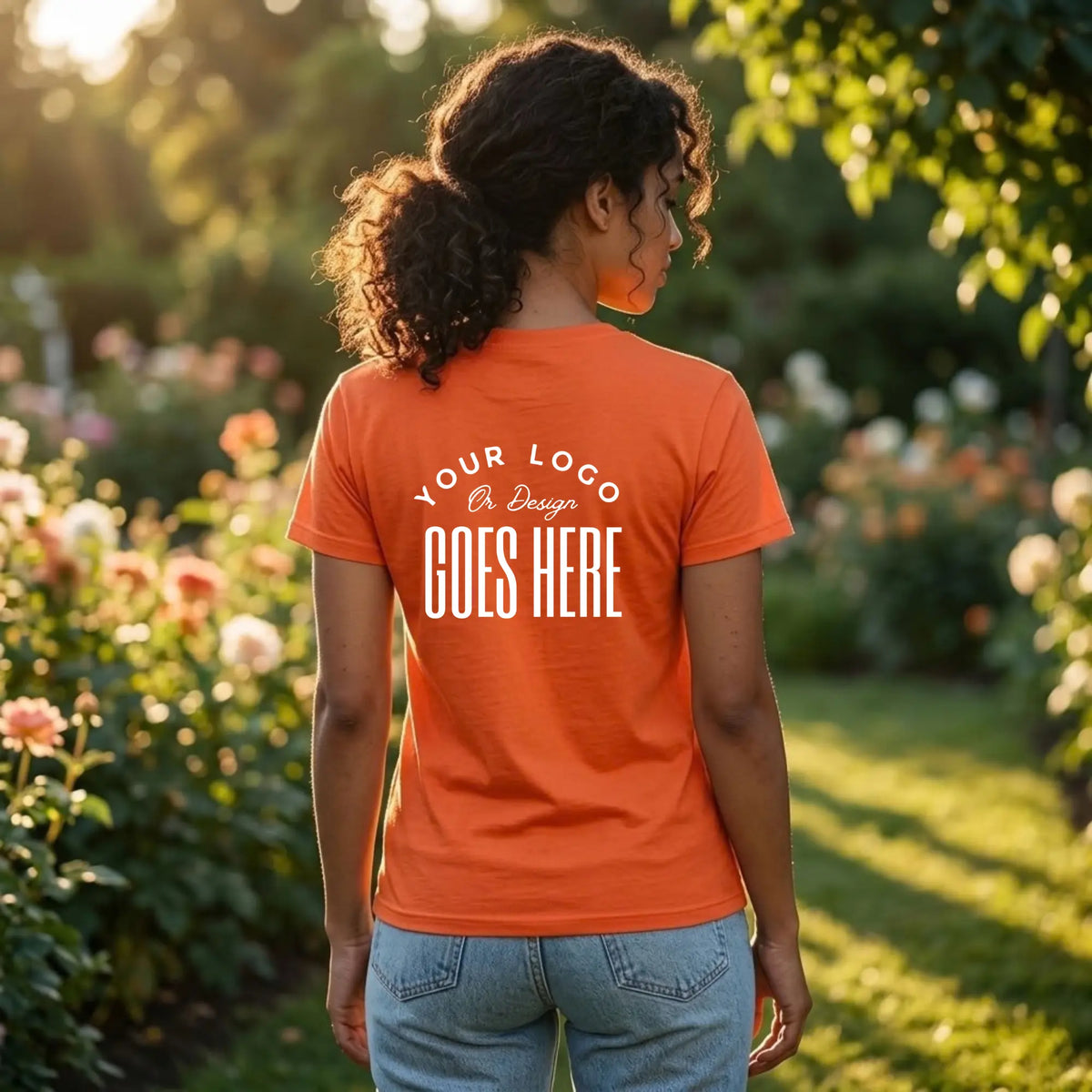 Back view of a woman in an orange custom t-shirt with a large white "Your Logo or Design Goes Here" back placeholder print in a garden