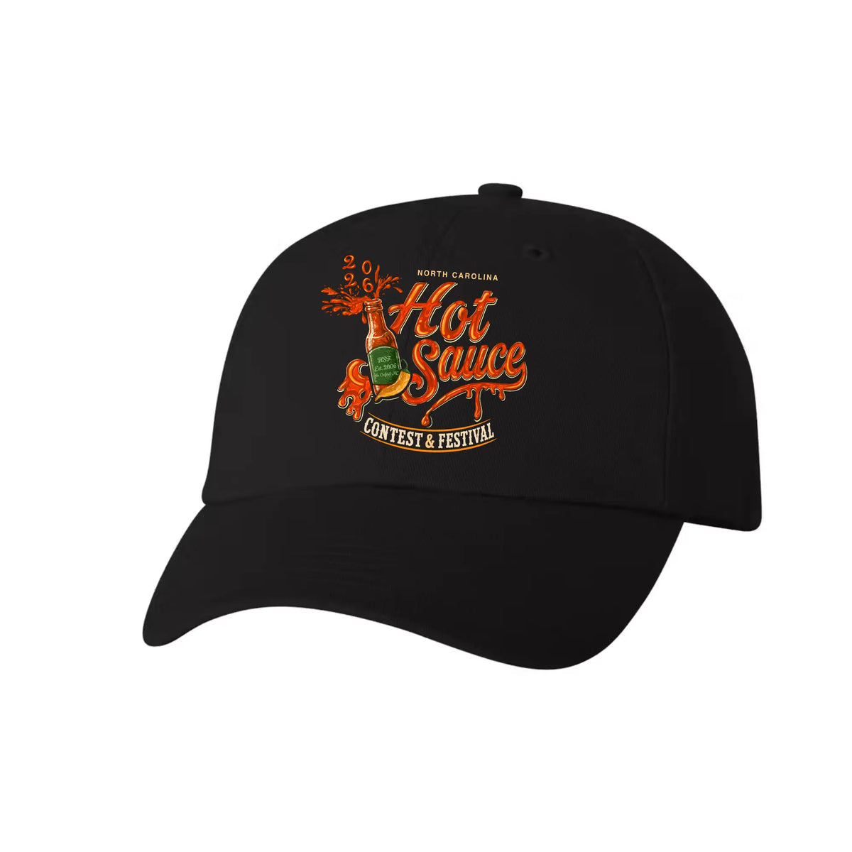 A black baseball cap featuring a vibrant orange and yellow graphic on the front that reads &