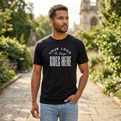 Black custom t-shirt with a large white "Your Logo or Design Goes Here" center chest placeholder print