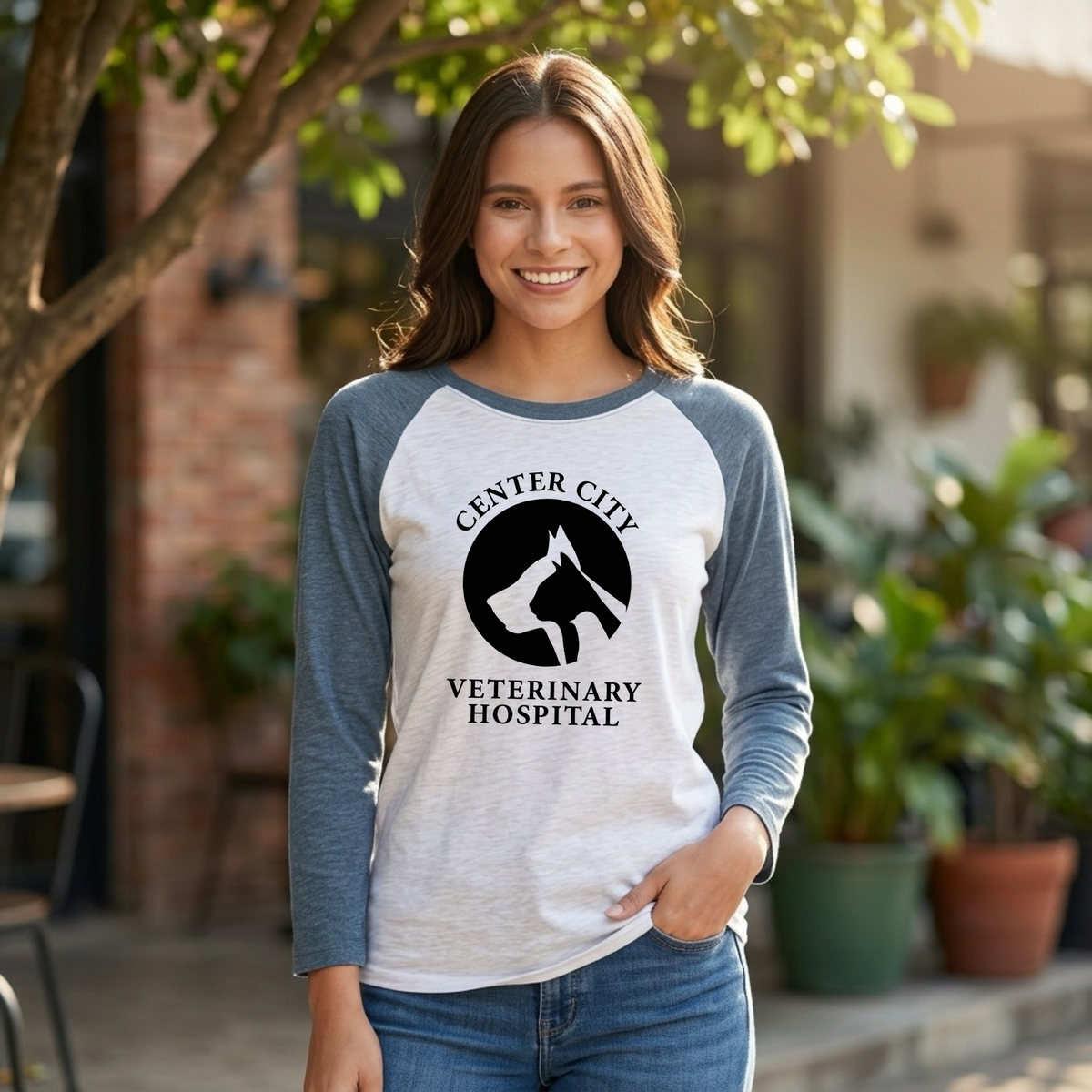 Winks Design Studio Center City Vet raglan baseball T-shirt with contrasting sleeves and vet-themed graphic, casual and comfortable fit.