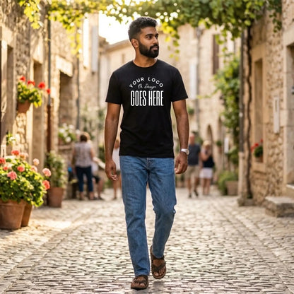 Full-length view of a man in a black custom t-shirt with a white "Your Logo or Design Goes Here" center chest placeholder on a cobblestone street