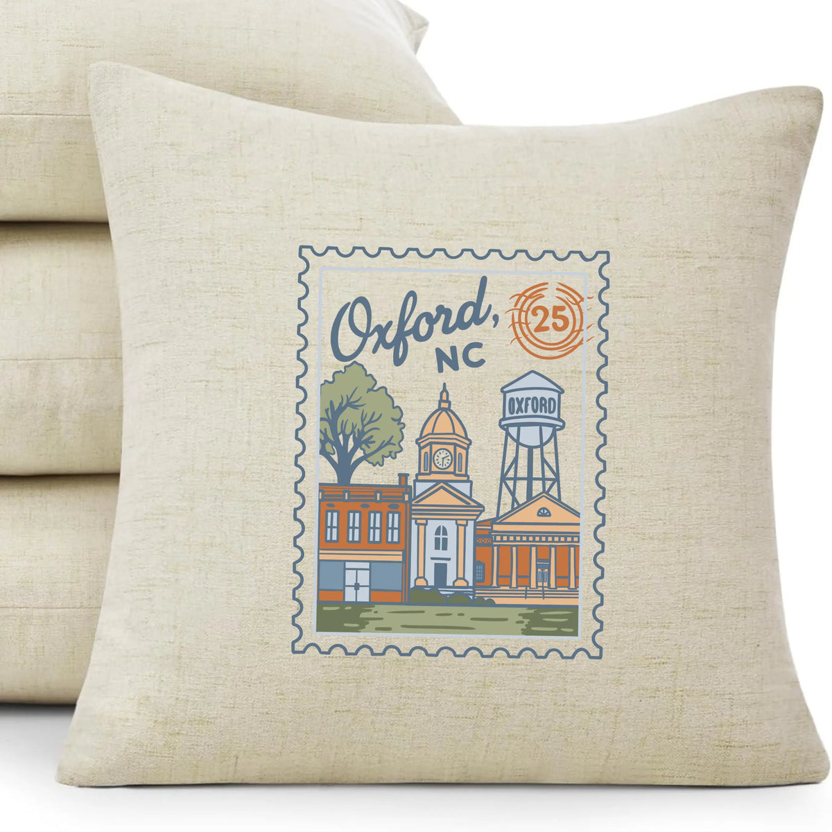 Decorative pillow with Oxford NC Postmark design from Winks Design Studio, LLC, featuring a vintage postal motif on soft fabric.