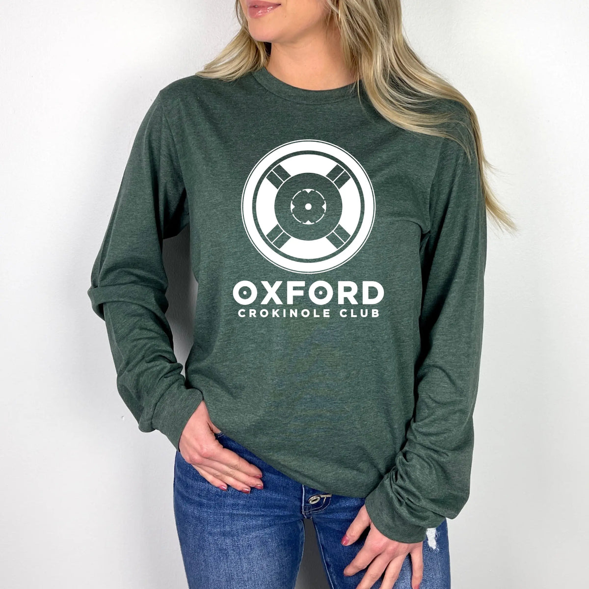 Winks Design Studio Oxford Crokinole Club long sleeve shirt in white with blue and red logo and design, casual and comfortable fit.