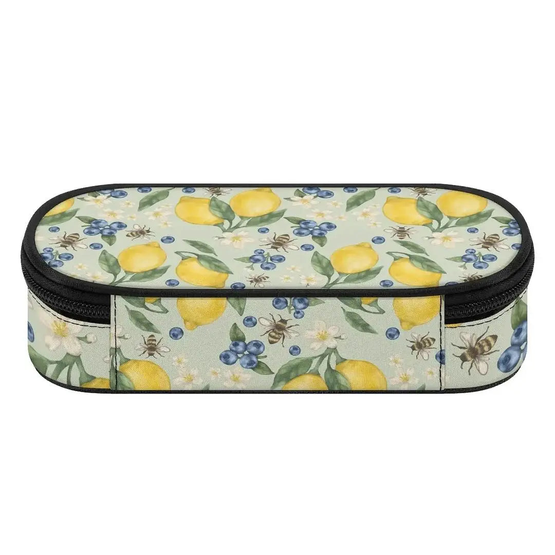 Lemonberry Bloom 3-layer pencil bag by Winks Design Studio, LLC, with colorful floral design and multiple compartments.