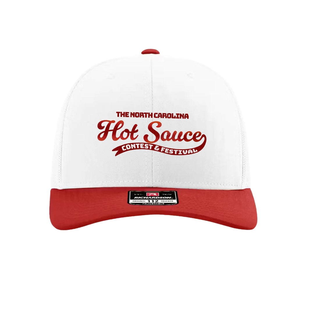 Winks Design Studio NC Hot Sauce Festival retro character trucker hat with colorful embroidered design and mesh back.