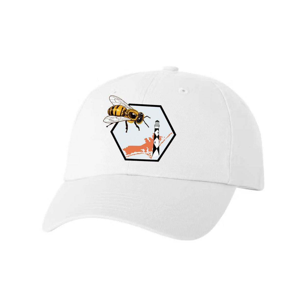 Winks Design Studio LLC Crystal Coast Beekeepers twill hat in tan with adjustable strap and bee embroidery for outdoor beekeeping.