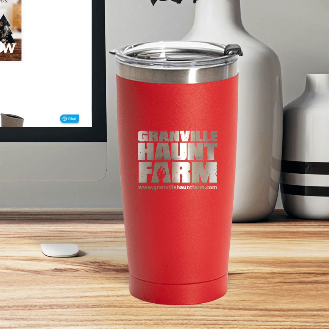 Granville Haunt Farm 20oz tumbler in red with logo, perfect for enjoying drinks at any temperature.