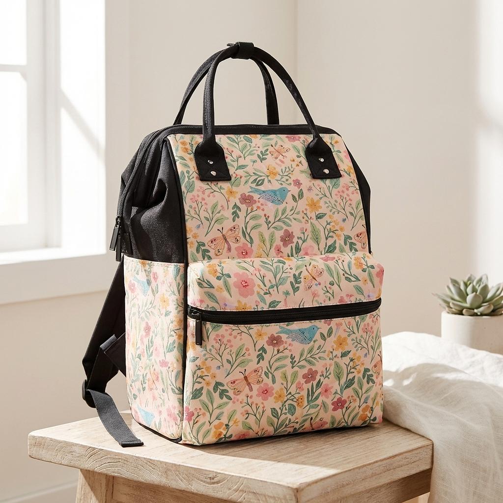 Winks Design Studio duckbilled backpack featuring colorful garden storybook design with adjustable straps and spacious interior.