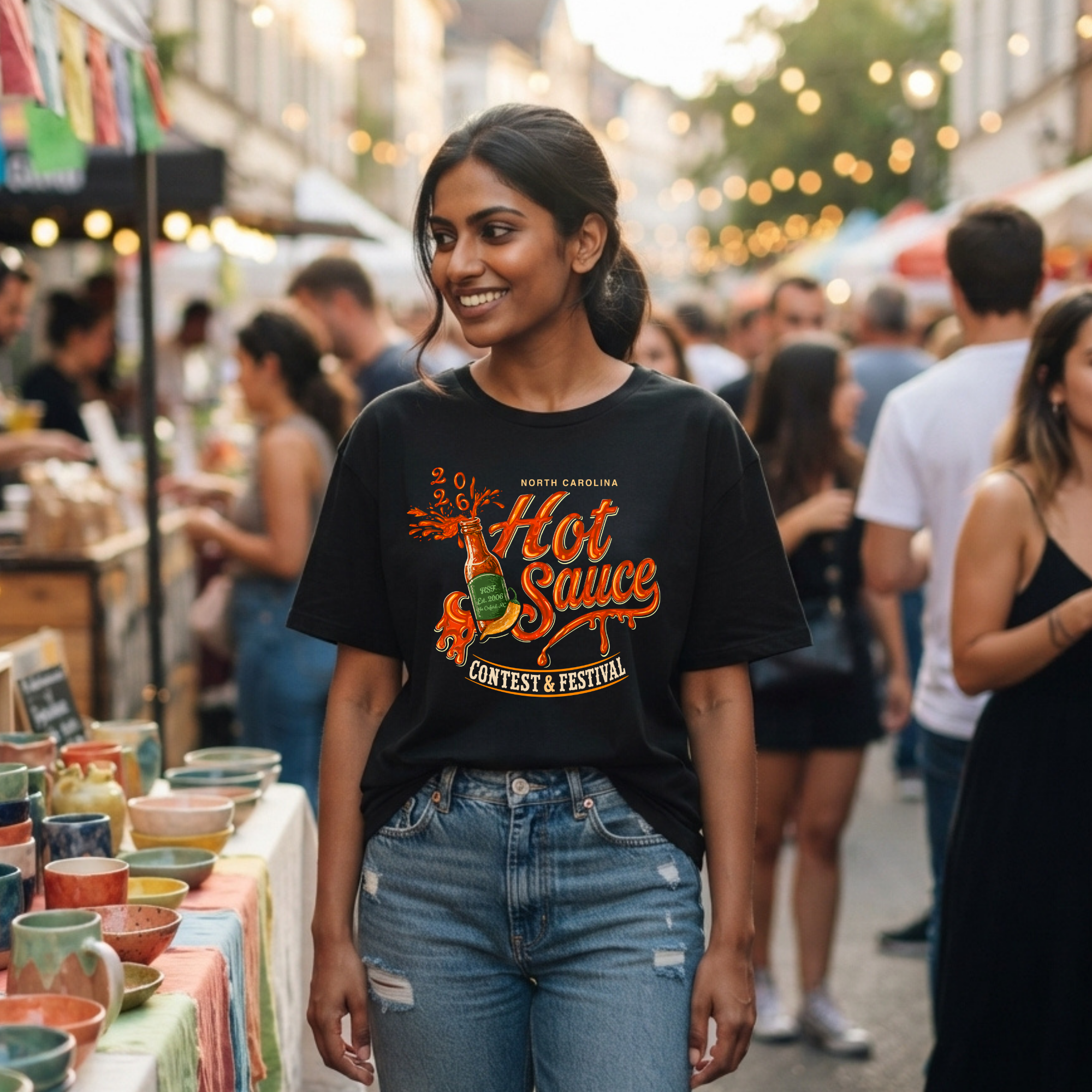 Winks Design Studio NC Hot Sauce Festival T-shirt featuring colorful hot sauce bottle graphic on front.
