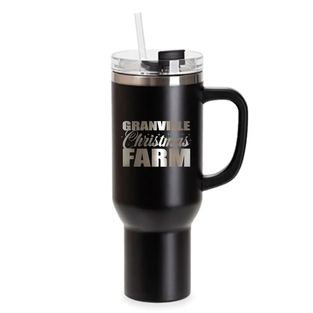 Granville Christmas Farm engraved 40oz tumbler from Winks Design Studio, LLC featuring festive holiday farm scene on durable drinkware.
