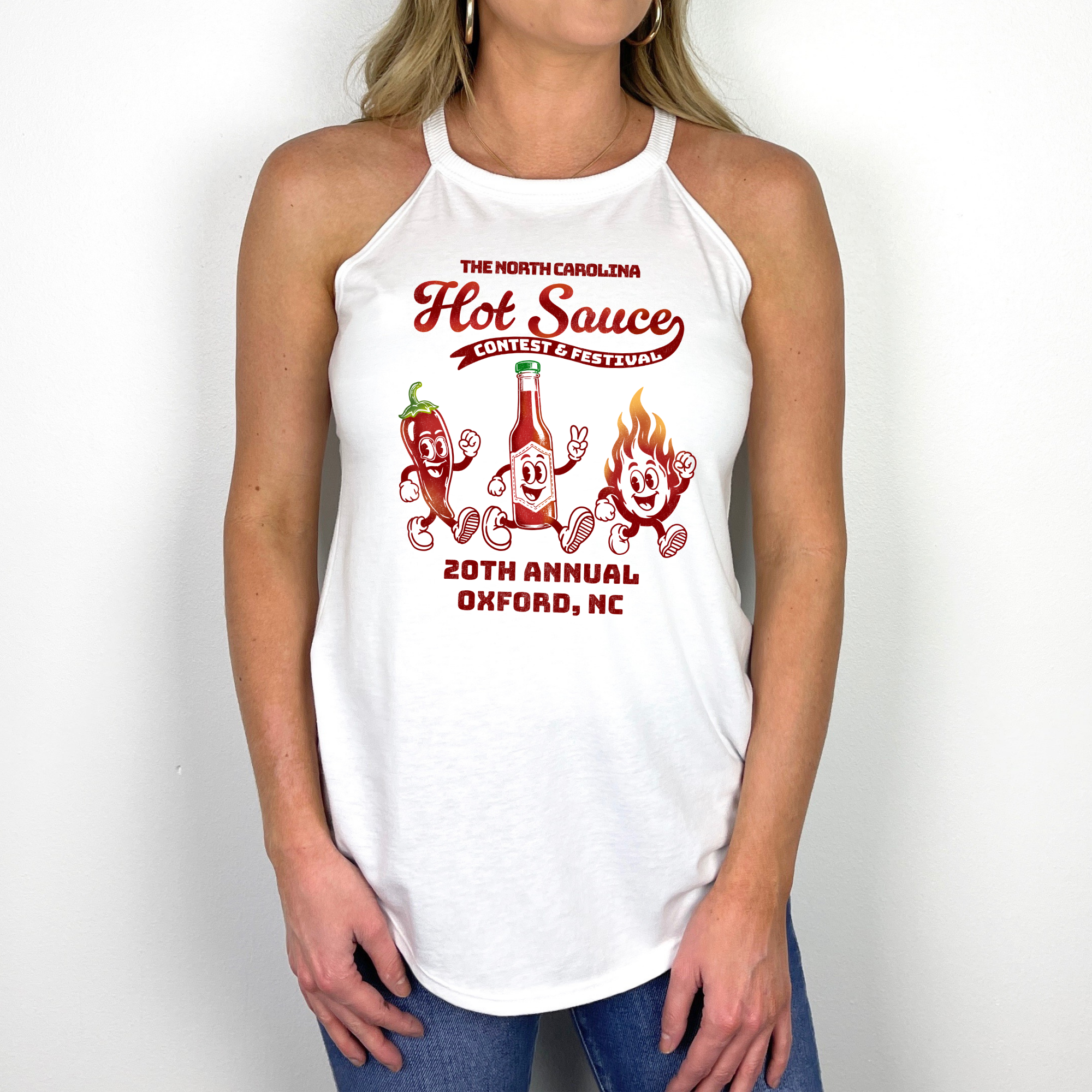 Winks Design Studio NC Hot Sauce Festival retro character halter tank top featuring vibrant colorful graphics and a vintage-inspired design.
