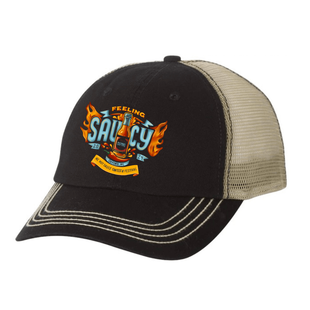 NC Hot Sauce Contest & Festival trucker hat with "Feeling Saucy" design in black twill and mesh back.