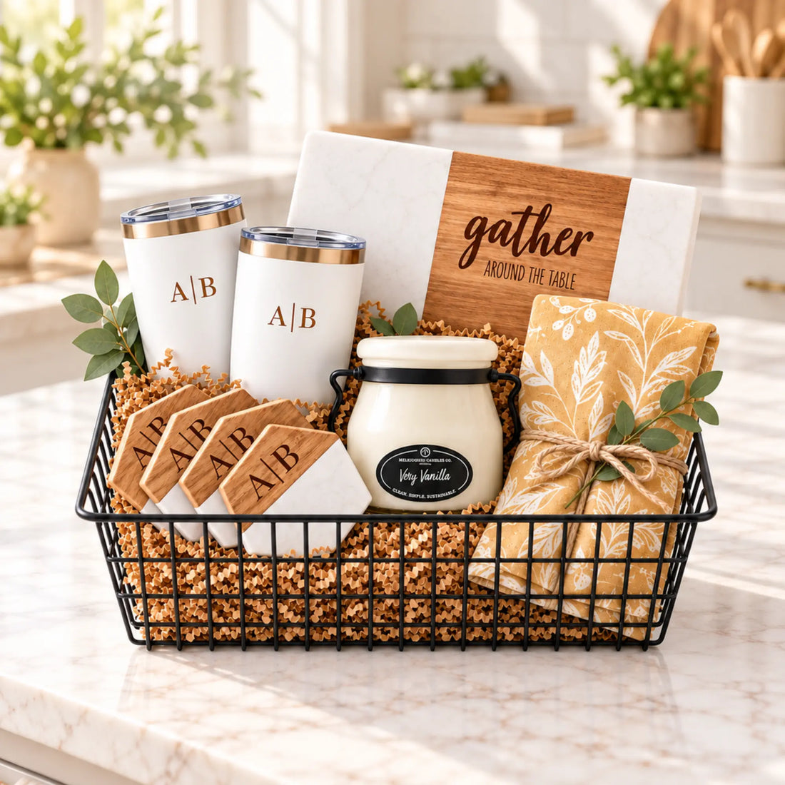 A curated home decor gift basket arranged in a black wire basket on a marble countertop. The set includes two white tumblers with silver lids and monogram initials A|B, a white jar candle labeled &
