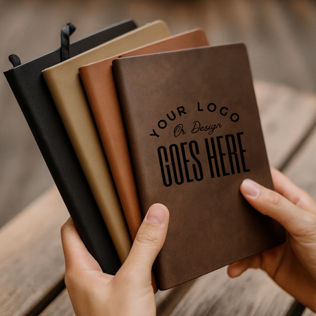 A person holding 4 notebooks 