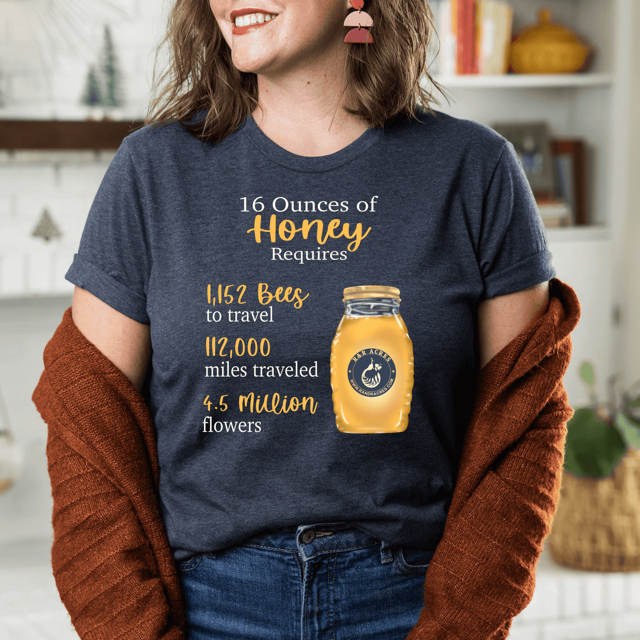 Woman wearing Honey Statistics T-shirt showing honey production facts, perfect for bee lovers and honey enthusiasts