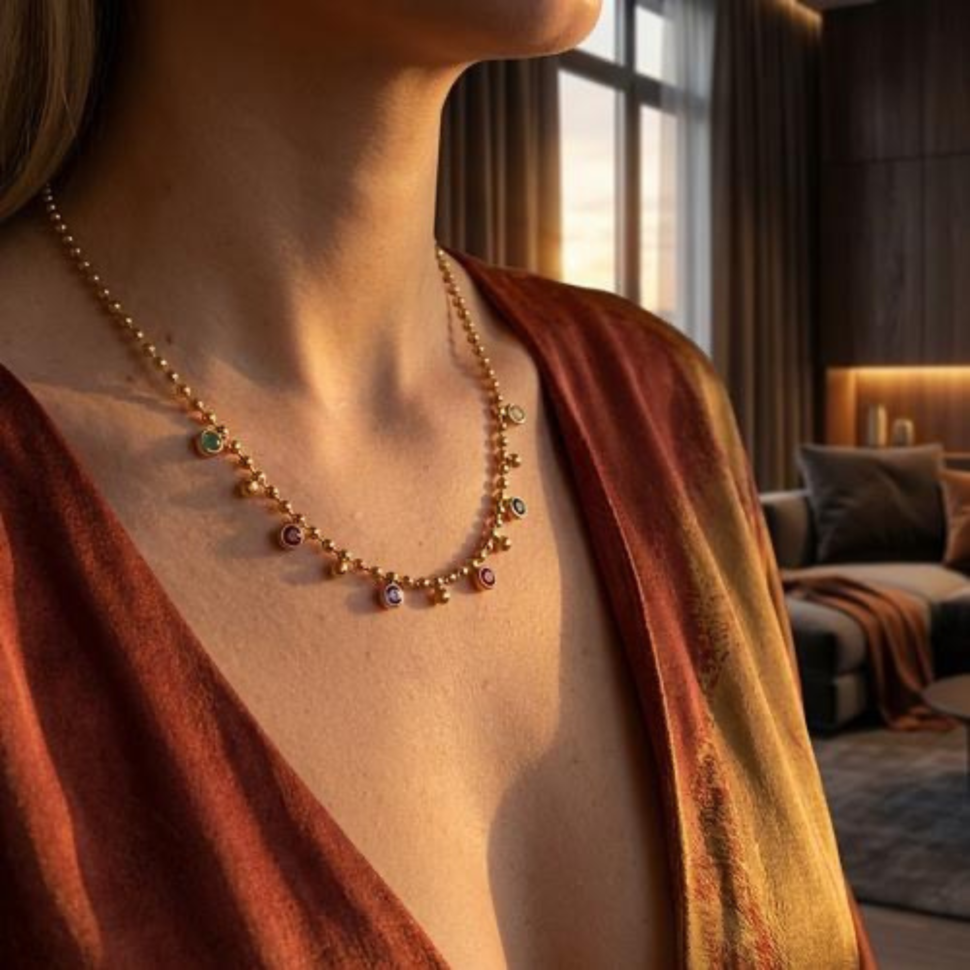 A close-up lifestyle shot of a woman wearing a delicate gold beaded necklace with small colorful gemstone accents, styled with a rust-colored open-front top in a warm, modern living room setting.