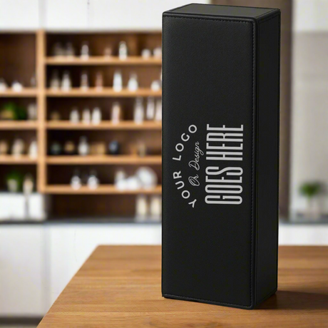 Wine bottle with a black box labeled 'Your Logo Goes Here' on a white surface.