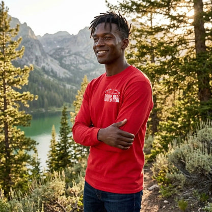 Red custom long sleeve t-shirt with a white "Your Logo or Design Goes Here" left chest placeholder print