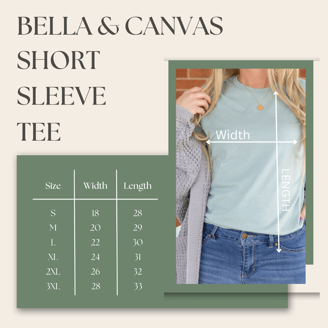 Bella & Canvas short sleeve tee size chart with model displaying t-shirt fit and dimensions.