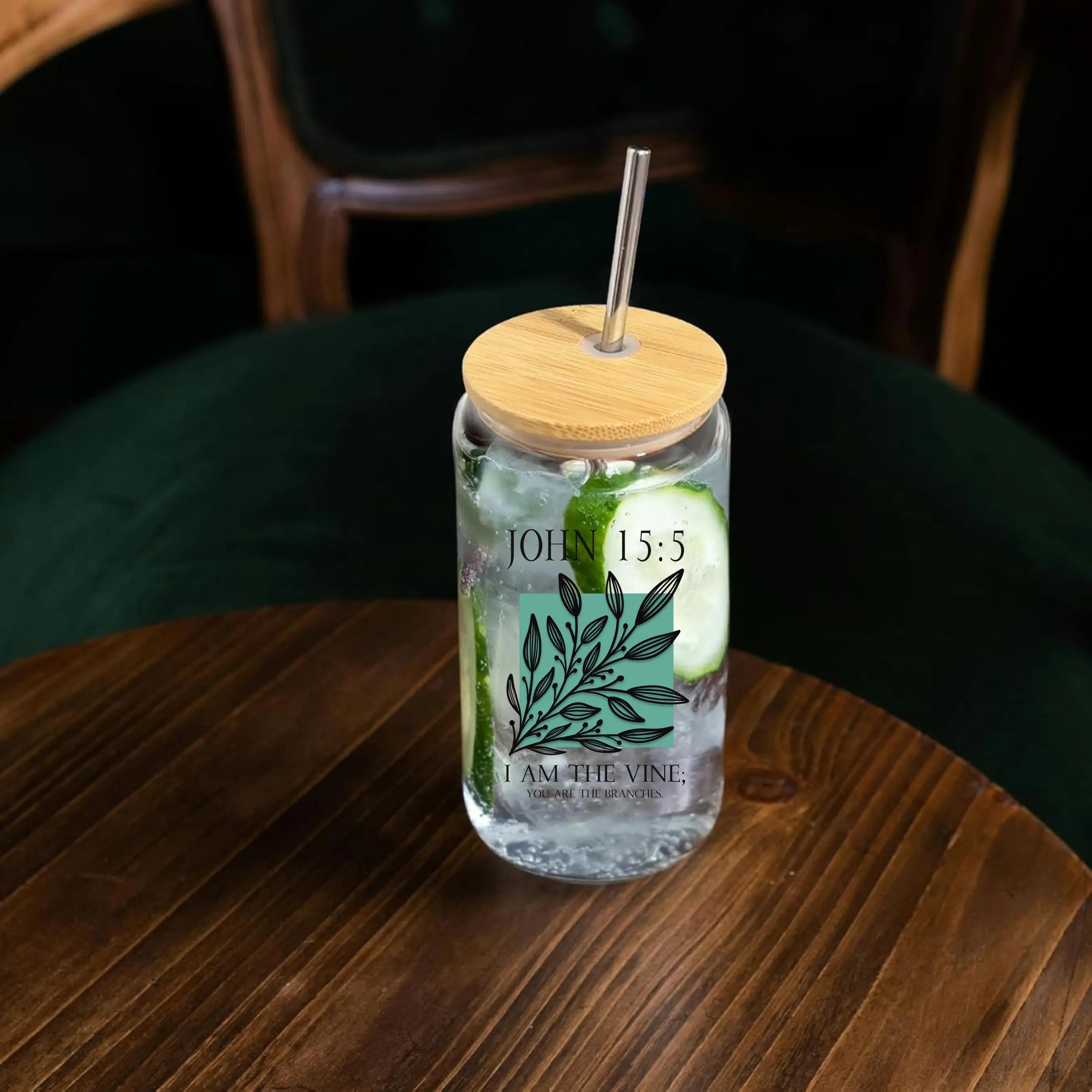 Clear glass beer can featuring John 15:5 design, 20oz capacity, by Winks Design Studio, LLC.