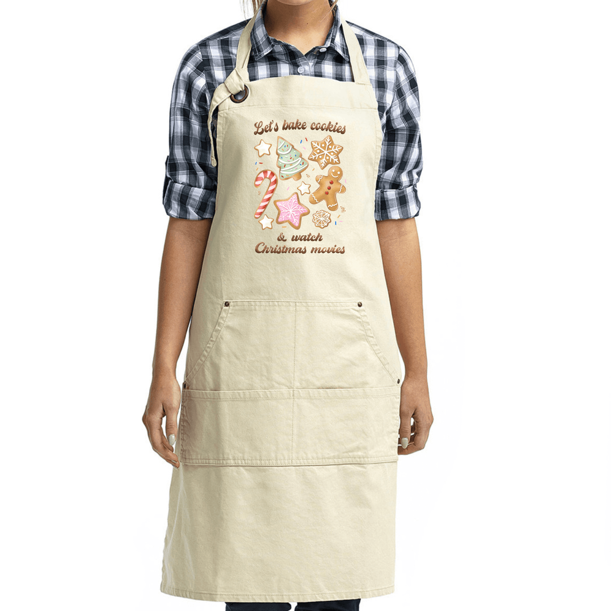 Christmas Cookie Baking Apron with "Let's Bake Cookies & Watch Christmas Movies" design, perfect for festive baking sessions.