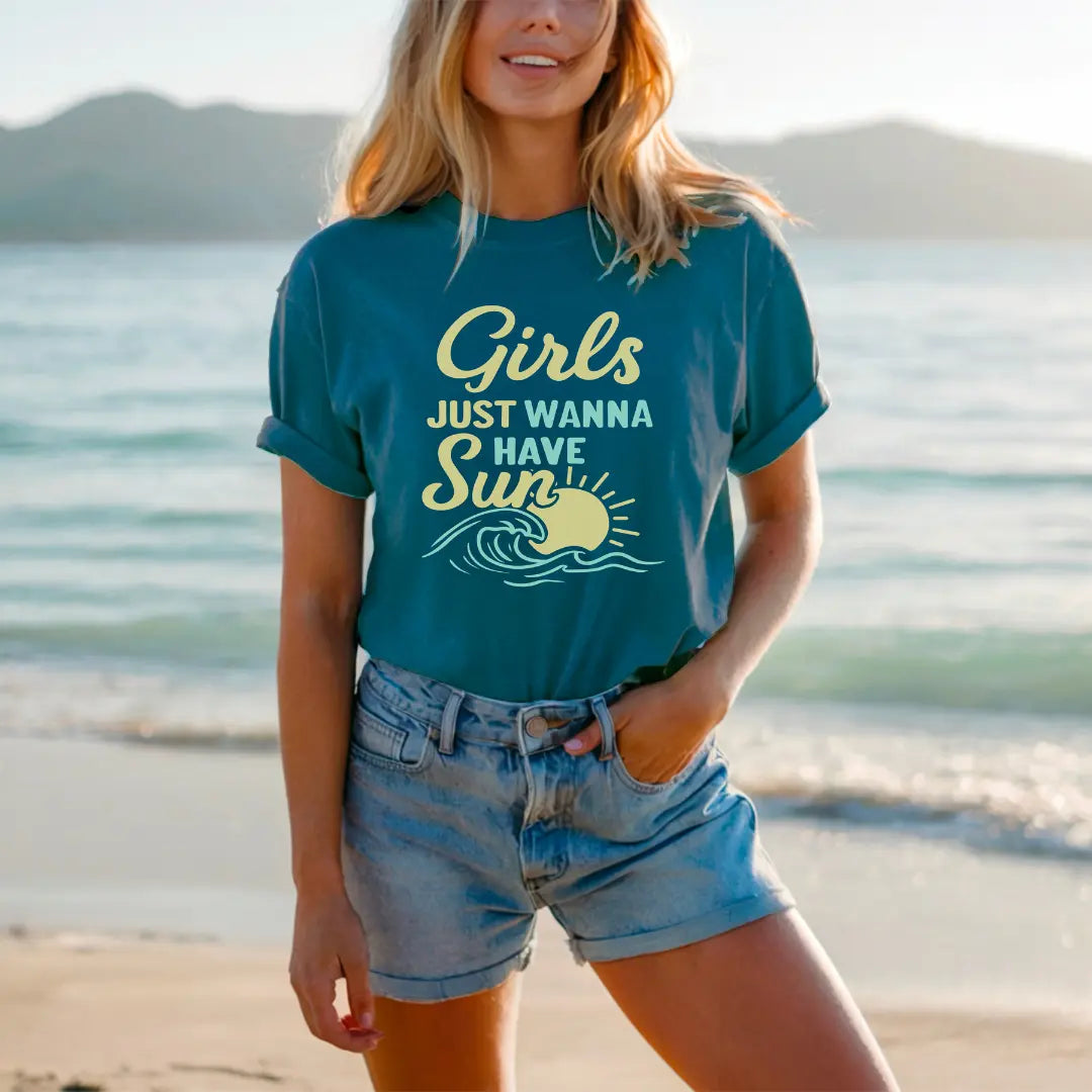 Pink Girls Just Wanna Have Sun T-shirt by Winks Design Studio, LLC with bright, playful sun and girl graphics on soft fabric.