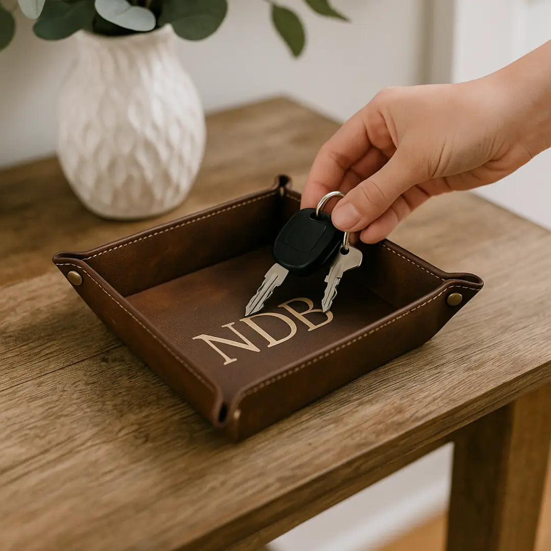 Custom engraved valet tray by Winks Design Studio, LLC, featuring a sleek wooden tray with personalized engraved details.