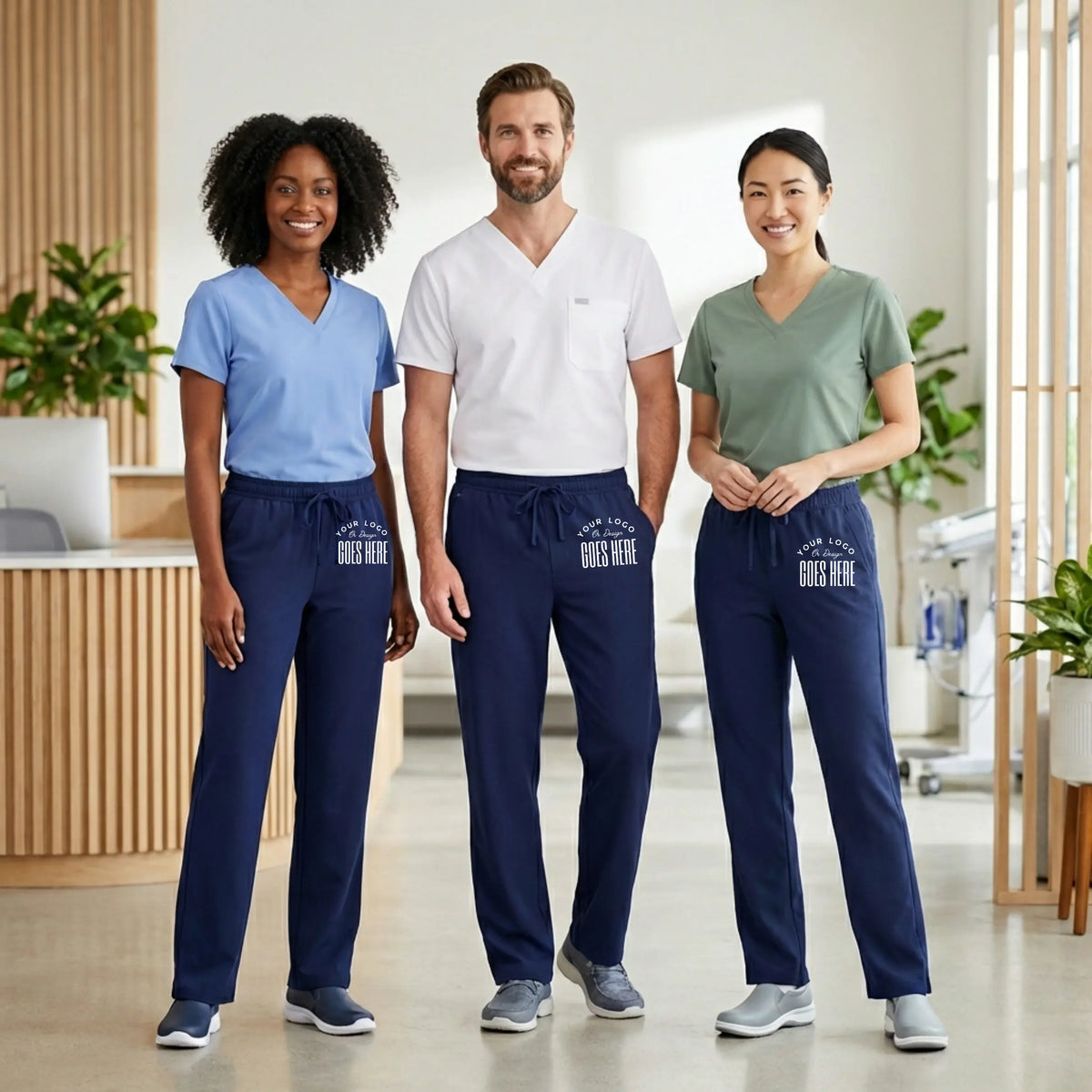 Custom Jaanuu unisex Rhodes straight-leg scrub pants in navy, featuring a comfortable fit and functional pockets.