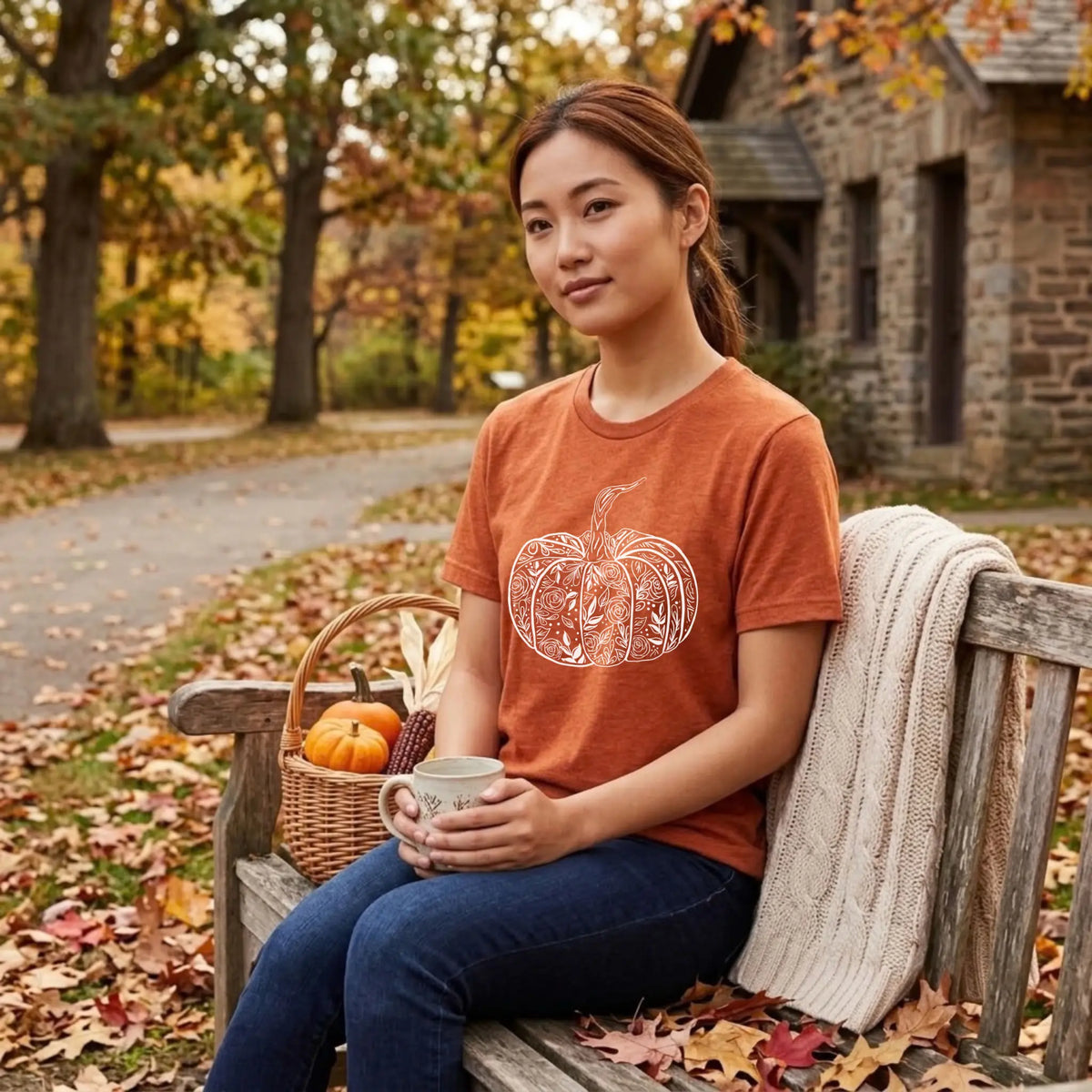 Woman in a heather autumn orange floral pumpkin graphic tee on a wooden park bench in fall