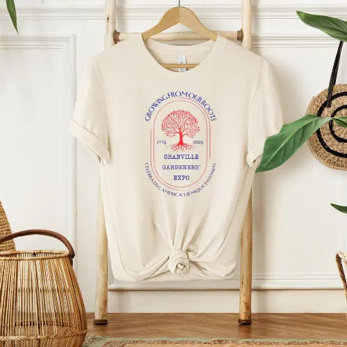 Winks Design Studio Granville Gardeners 2026 semi-quincentennial T-shirt in white with black text, casual shirt for garden enthusiasts.