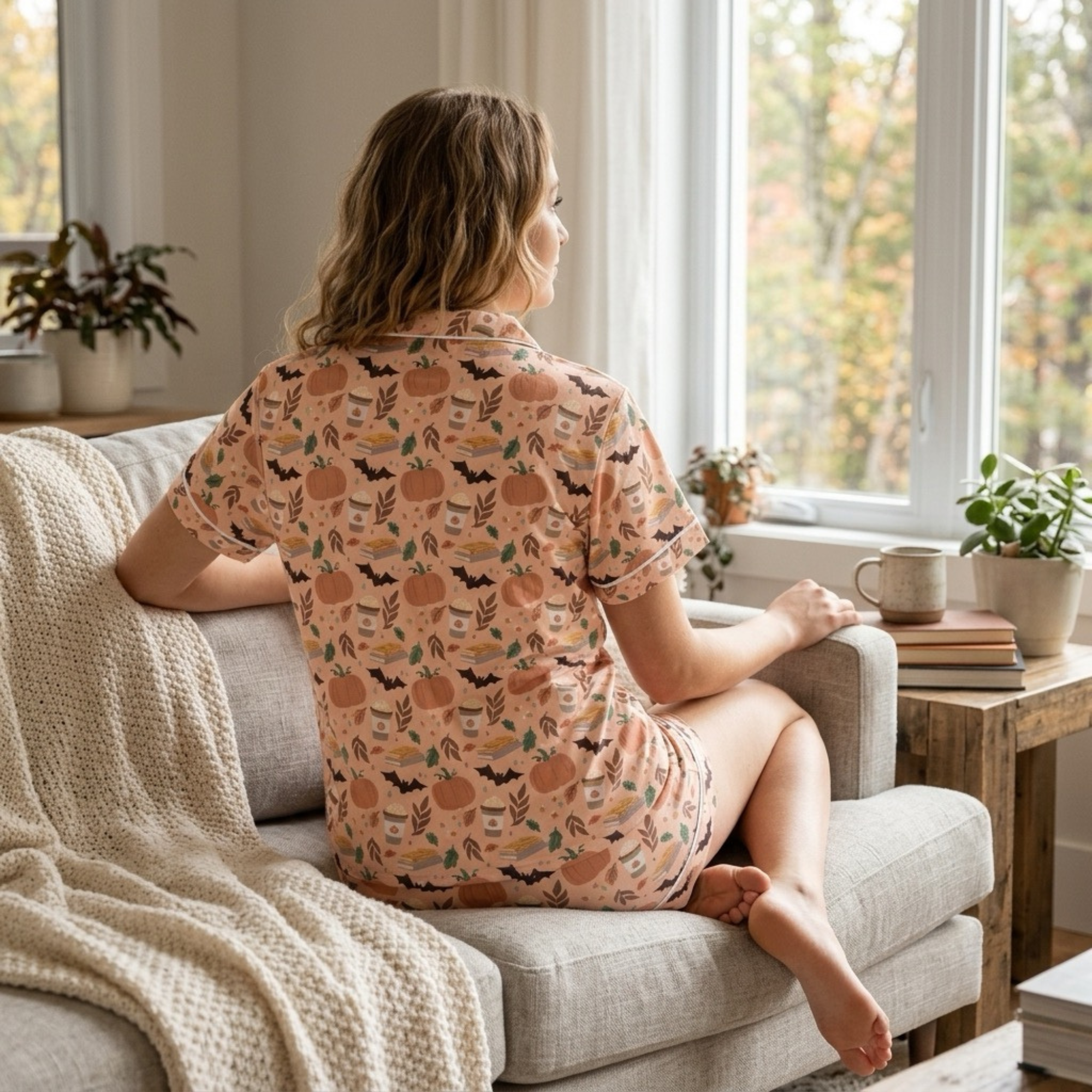 A woman sits on a light gray sofa in a cozy living room, viewed from behind. She is wearing a peach-colored short-sleeve pajama top and matching shorts with an all-over print of pumpkins, bats, ghosts, and leaves.