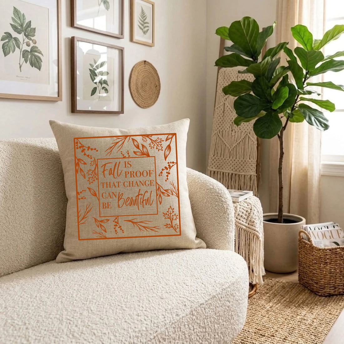 Natural linen throw pillow printed with "Fall Is Proof That Change Can Be Beautiful" in burnt orange inside a leafy frame