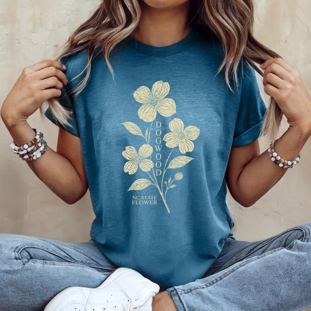 Dogwood North Carolina T-shirt with floral Dogwood blossom design, featuring Winks Design Studio branding.