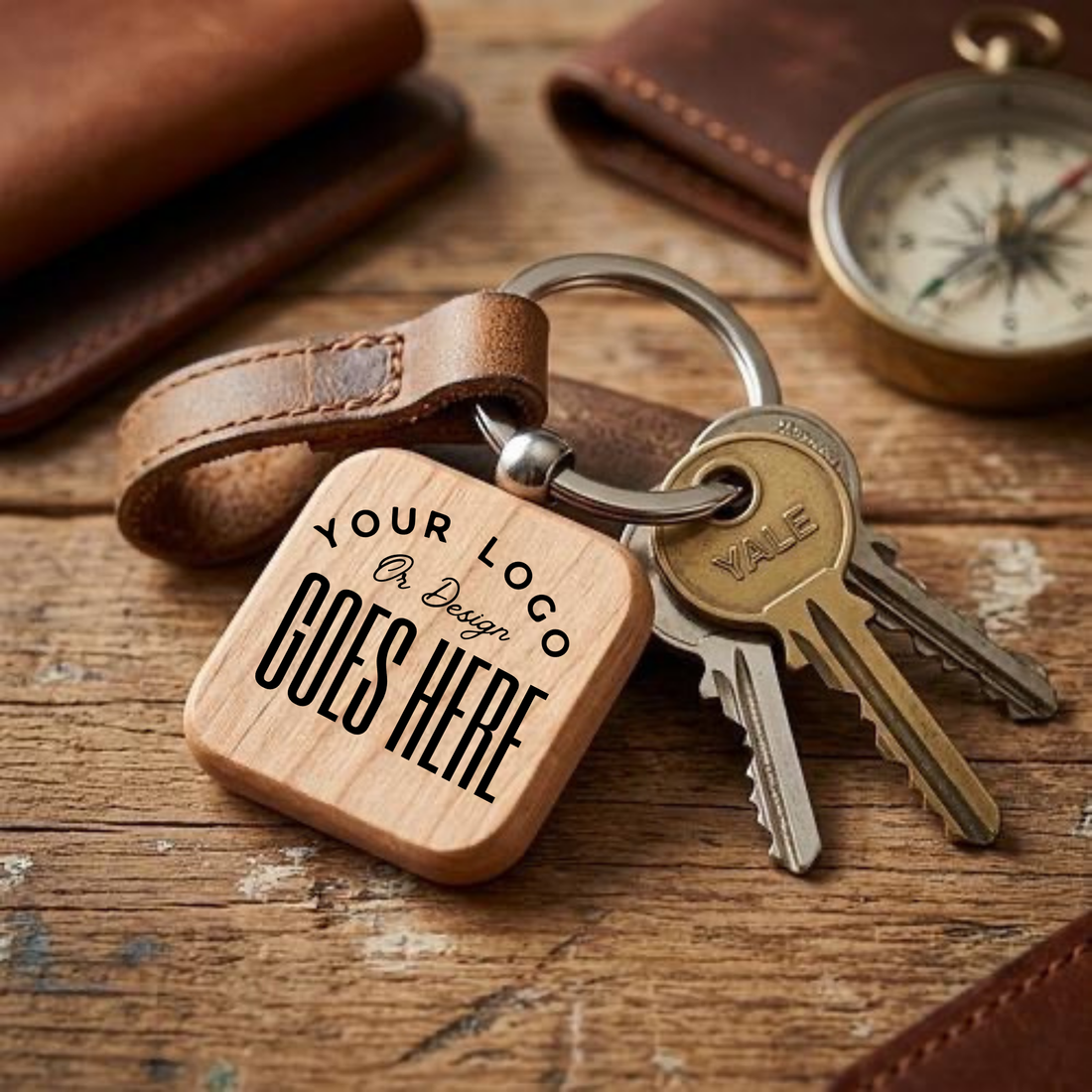 A personalized wooden keychain with a leather loop and metal key ring, shown on a rustic wooden table with keys, a compass, and leather accessories in the background.